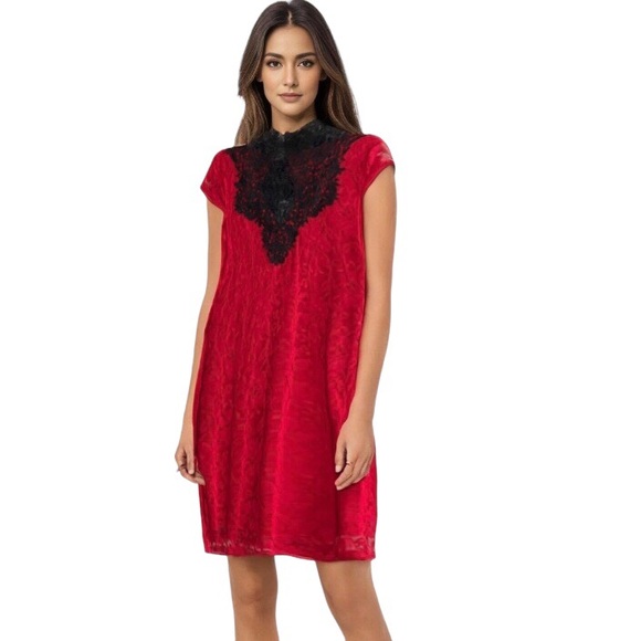 Red & Black Lace Dress Key Hole & Tie On Back of Dress Size M - Picture 1 of 10